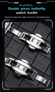 Detail of ergonomic stainless steel butterfly clasp with double push button for watch