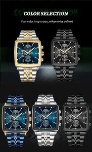 Five color options of waterproof square business men's quartz watches with steel straps