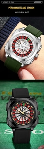 Close-up of a roulette-themed quartz watch with a spinning dial and octagonal bezel