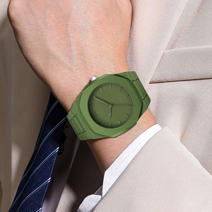 Minimalist olive green octagonal quartz watch with silicone strap for casual business wear