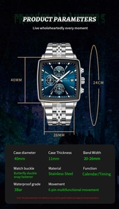 Detailed size specifications and parameters of the blue dial chronograph men's quartz watch