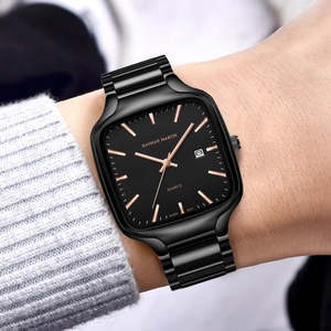 Men's square black quartz watch with luminous hands and date display on a metal strap