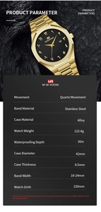 Detail view of gold men's watch with Arabic numeral dial and technical specifications