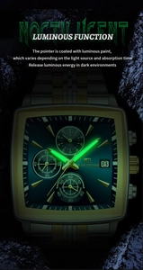 Luminous hands and date display of a gold square business watch on dark stone