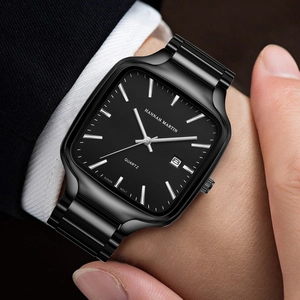 Men's square quartz watch with black stainless steel strap and luminous date display