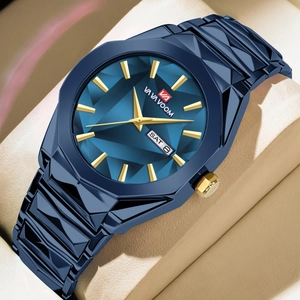 VAVAVOOM Orologio da Polso da Uomo al Quarzo alla Moda Cassa Geometrica Sfaccettata Cinturino in Acciaio Inossidabile Doppio Calendario Luminoso Impermeabile Business Casual