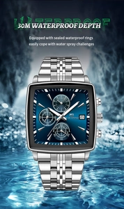 Detail of square business watch with blue sunray dial and 30m waterproof splash effect