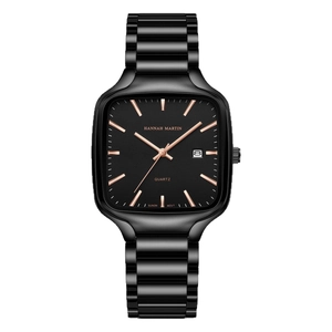 Elegant square black stainless steel men's quartz watch with date display