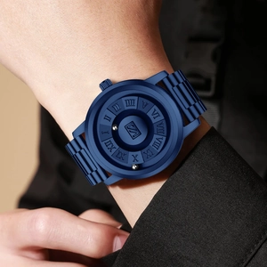 Magnetic levitation men's watch with matte blue finish and roman numeral dial