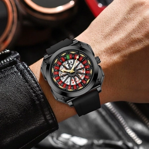 Men's fashion quartz watch with casino roulette dial and black silicone strap