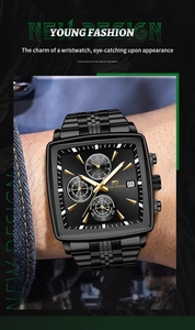 Close-up of black square quartz watch with chronograph dials and gold markers
