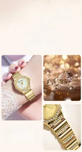 Vue détaillée de la montre carrée dorée avec lunette sertie de diamants brillants
