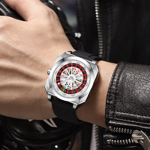Creative men's roulette watch with square steel case and poker theme on a black silicone strap