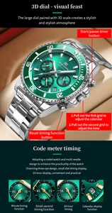Detail des 3D-Zifferblatts mit grüner Sonnenstrahltextur und Chronographen-Hilfszifferblättern