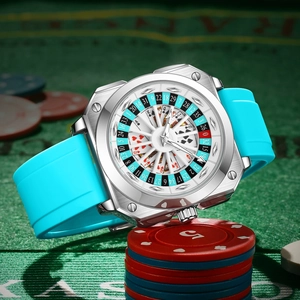 Creative roulette theme quartz watch with sky blue silicone strap on gambling chips background