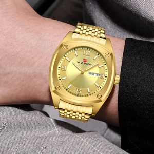 Golden business quartz watch with dual calendar display and industrial square case
