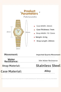 Vue détaillée des spécifications de la montre carrée dorée avec dimensions et quartz