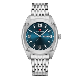 Silver stainless steel business men's watch with blue sunray dial and day-date display
