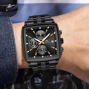 Men's business quartz watch with black square dial and stainless steel band