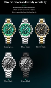 Auswahl an Herren-Quarzchronographen mit Edelstahlarmband und grünem Zifferblatt in Detailansicht