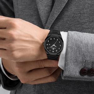 Men's business quartz watch with black steel strap and date window in casual style