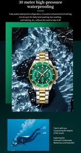 Detailaufnahme der Herren-Chronographenuhr mit grünem Zifferblatt und 30m Wasserdichtigkeit