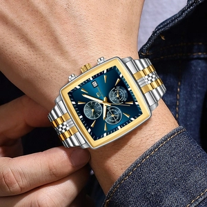 Men's square blue dial chronograph watch with gold bezel and two-tone steel bracelet