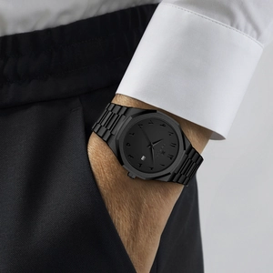 Men's matte black stainless steel watch with octagonal bezel and Arabic numeral dial