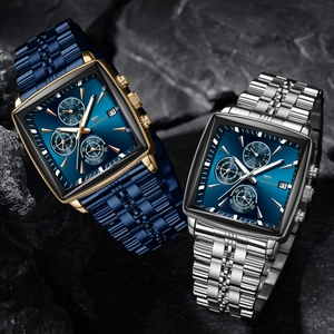 Men's square chronograph business watch with blue dial and steel strap in two color styles