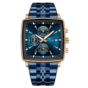 Men's blue and rose gold chronograph watch with square case and stainless steel link band