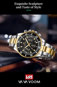 Detailansicht des schwarzen Chronographen-Zifferblatts mit goldenen Markierungen und Stahlband