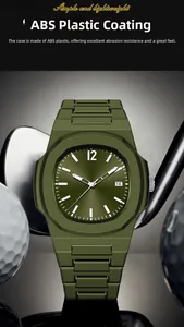 Detail of olive green sports watch with octagonal bezel on a golf background