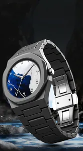 Detail of grey stainless steel watch featuring an octagonal bezel and blue mountain pattern dial