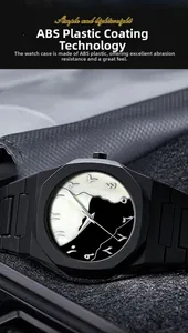 Detail of matte black ABS plastic watch featuring a minimalist mountain silhouette dial