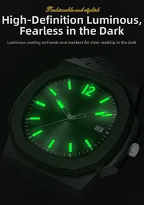 Macro shot of luminous green watch hands and date window on black octagonal dial