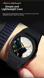 Detail of lightweight polymer octagonal watch case with marble pattern and gold numerals