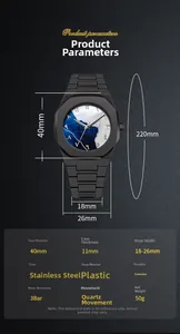 Detailed view of matte black octagon watch case with Arabic dial and size dimensions