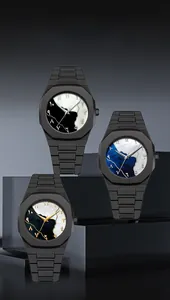 Detailed view of three octagonal quartz watches with Arabic numerals and marble texture dial