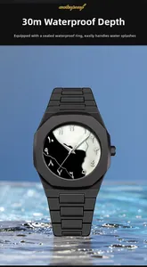 Detail of matte black octagonal watch with Arabic numerals floating on blue rippled water