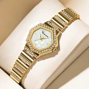 Montre Femme Mode Luxe Strass Cadran Octogonal Géométrique en Nacre Bracelet en Acier Inoxydable Montre à Quartz Bijoux Élégants