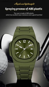 Detail of olive green ABS sports watch with octagonal dial and date display