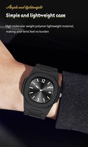 Close-up of lightweight black polymer sports watch with octagonal case on male wrist