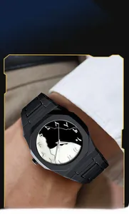 Detail view of black matte quartz watch featuring Arabic numerals and artistic wave dial