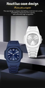 Detail view of sport watches with octagonal cases and date windows in blue and white