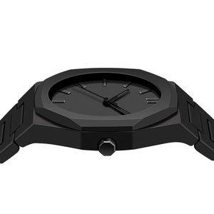 Matte black mens watch with octagonal bezel and integrated strap in a sleek minimalist design