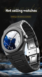 Detail of matte black watch with Arabic numerals and marble texture dial on rocks