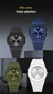 Detail view of four colorful sport watches with octagonal bezels and date display