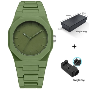 Olive green quartz watch with octagonal bezel and strap adjustment tool in a gift box