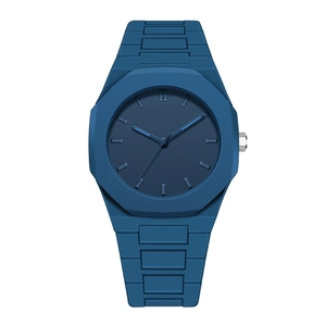 Minimalist matte dark blue octagonal men's watch with integrated strap and link bracelet