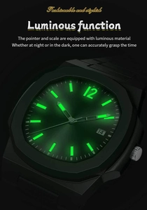 Macro shot of luminous hands and indices on an octagonal sports watch in dark